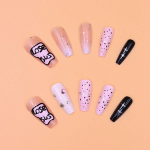 Pink graffiti long coffin press-on nails with glitter, lettering and rhinestone accents