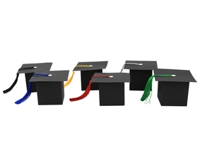 Detailed view of graduation cap candy boxes featuring colorful silk tassels in various shades