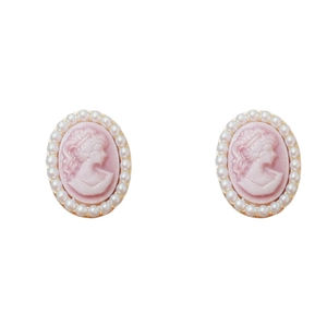 Vintage oval cameo earrings with pink embossed portrait and white faux pearl border
