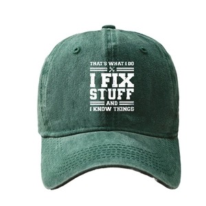 Vintage dark green washed cotton baseball cap with white I Fix Stuff graphic print