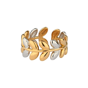 Minimalist laurel leaf open ring in gold and silver two-tone plated finish