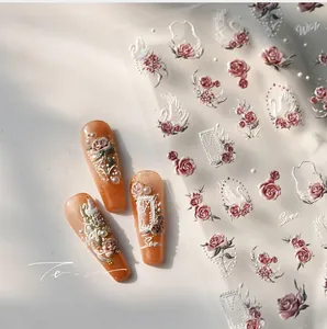 3D relief nail stickers featuring white swan, rose and pearl designs with matte texture