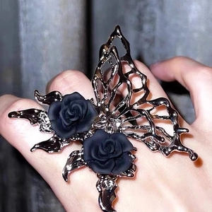 Gothic liquid silver butterfly ring with black roses in a minimalist open adjustable style