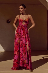 Maxikleid mit tropischem Blumendruck, Seestern-Schnalle und Ausschnitt für den Strandurlaub