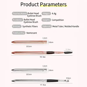 Portable bullet eyelash and eyebrow brush set with retractable metal cap and fiber bristles