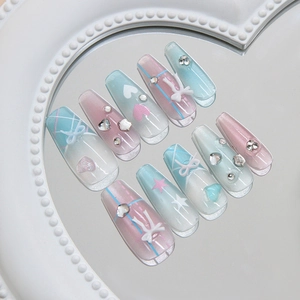 Handmade Press On Nails Cat Eye Shimmer French Tip Plaid Heart Bow Star Rhinestone Sweet Ballet Coquette ABS Plastic
