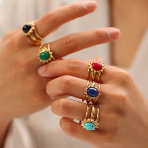 Retro stainless steel rings set with colorful natural stones and sunburst texture