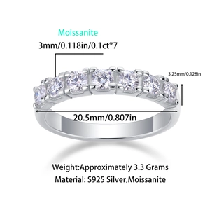 Detailed size specifications for S925 silver moissanite ring with seven 3mm stones
