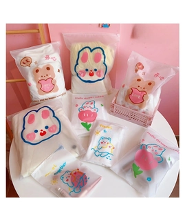 Detail of frosted transparent travel organizer bags with cute cartoon bear and rabbit prints