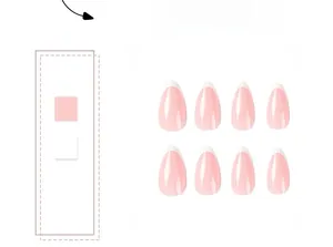 Detail of almond-shaped press-on nails with classic white French tips and glossy finish