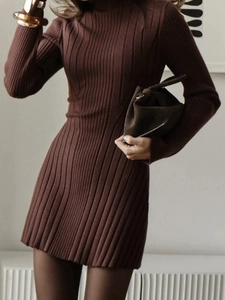Slim fit dark brown long sleeve knit mini dress with high collar and ribbed texture