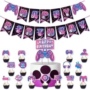 Neon purple and blue game controller birthday banner and cake topper party decoration set
