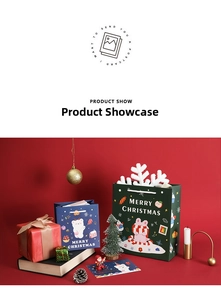 Christmas gift bags with bear and rabbit motifs on festive red background with decor