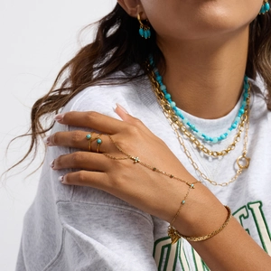 18K vergoldete Edelstahl-Handkette mit Türkis-Kreuz und mehrlagigem Schmuck-Set für Damen