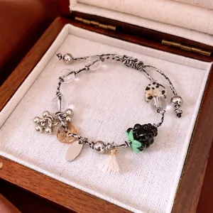 Beaded Bracelet Heart Charm Glass Stone Resin Berry Pendant Tassel Braided Rope Vintage Handmade Jewelry