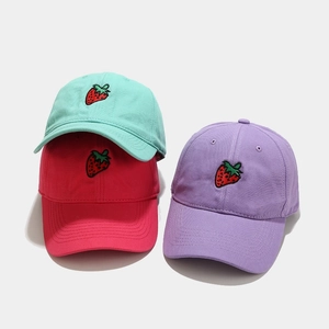Three embroidered strawberry baseball caps in blue, pink, and purple colors for summer sun protection