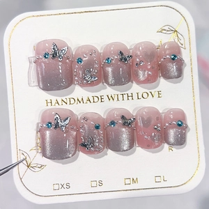 Handmade Press On Nails Pink Cat Eye Gradient With Dimensional Metal Butterfly Rhinestone Artificial Pearl Decoration Sweet Fake Nails