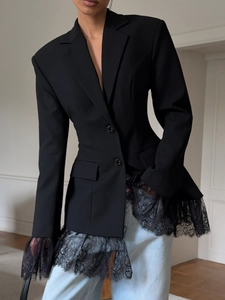 Chic black slim fit lace patchwork blazer with elegant lapels and double buttons