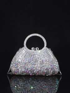 Luxury rhinestone evening clutch bag with crystal bow decoration and metal handle