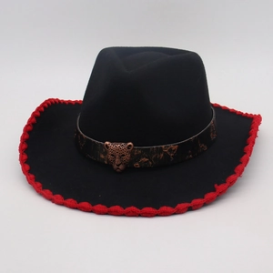 Ethnic style black felt fedora hat with red woven edge and bronze leopard emblem decor