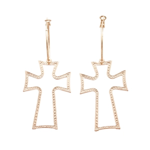Rose gold hoop earrings featuring hollow cross pendants with textured metallic details
