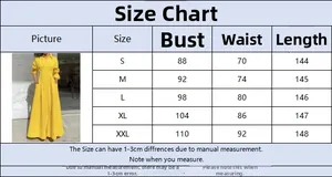 Size chart for yellow button-up maxi dress with bust, waist, and length measurements