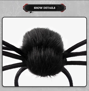 Close-up detail of plush black faux fur texture on a spider-themed Halloween headband