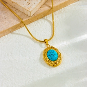 Vintage gold plated stainless steel snake chain with oval blue turquoise pendant