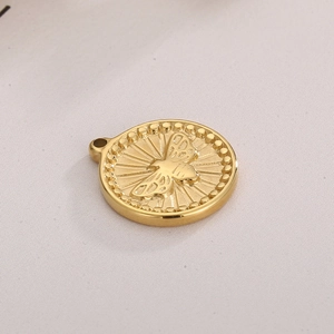 Golden stainless steel bee pendant with textured border for DIY jewelry making