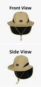 Front and side views of khaki outdoor fishing hat with neck flap and Mount Hood logo