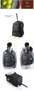 Detail view of water-resistant tennis backpack with shoe compartment and dual racket storage