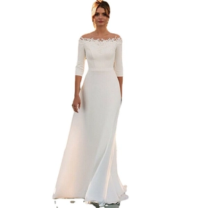 Elegant ivory off-shoulder wedding dress with slim fit lace embroidery and 3/4 sleeves