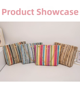 Detailed comparison of four colorful woven tote bags with gold chain straps and metal plates