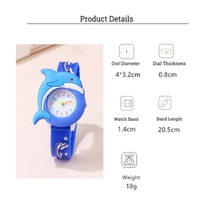 Detailed view of sky blue dolphin kids watch with dial measurements and silicone strap