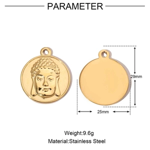 Polished gold stainless steel Buddha head pendant with 25mm diameter and 29mm height