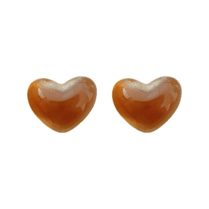 Minimalist brown heart resin stud earrings with a glossy golden shimmer finish