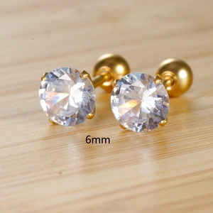 Detail showing 6mm golden stainless steel stud earring with ball back and zircon stone