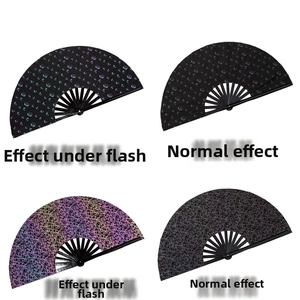 Macro comparison of reflective bamboo fan showing holographic effect under flash lighting