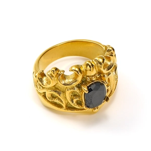 Vintage 18k gold plated crown ring with oval black gemstone and hollow floral relief