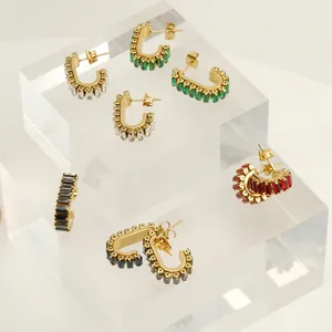Geometric Hoop Earrings Stainless Steel 18K Gold Plated Baguette Zircon Inlaid C-Shaped Luxury Fashion Jewelry For Women