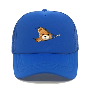 Blue trucker hat featuring a breathable mesh back and creative cartoon zipper bear print