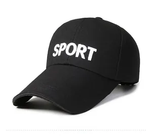 Detail of black cotton baseball cap showing SPORT embroidery and long curved brim