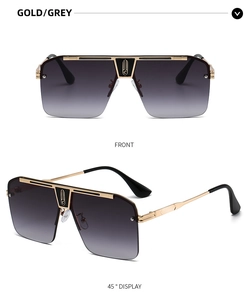 Detalle de gafas de sol de metal dorado de gran tamaño con lentes degradadas grises en varios ángulos