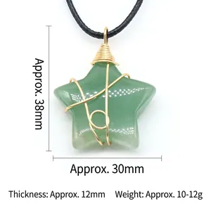 Green crystal pentagram star pendant with gold wire wrap and 30mm size measurements