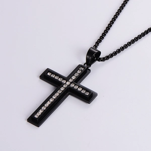 Minimalist black stainless steel cross necklace with inlaid crystals on black chain