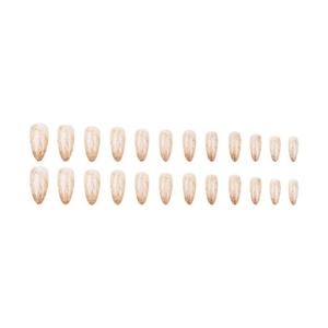 24pcs long almond press-on nails with pink base, gold glitter gradient and white feather art