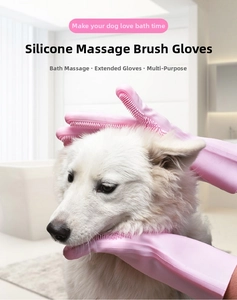 Close-up of pink silicone pet grooming glove with dense bristles in a modern bathroom