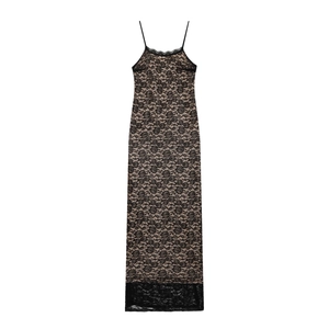 Abito Lungo Sexy In Pizzo Nero Da Donna Vestibilità Aderente Bodycon Sera Con Bordo Festonato