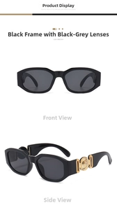 Close-up of black thick-frame sunglasses with gold metal relief detail and gray lenses