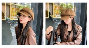 Brown wool newsboy cap for women featuring side and front view with metallic detail